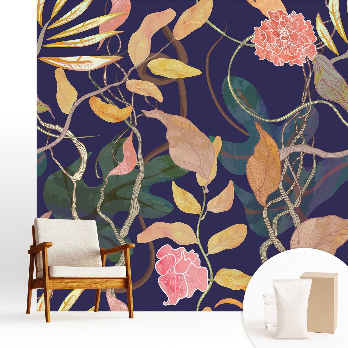 Wallfluent Fotobehang - Wit Vliesbehang - 250x250 cm - Plantaardige Elegantie Fotobehang Vlies - Woonkamer behang Bloemen En Planten - Muurschildering - Woonkamer behang