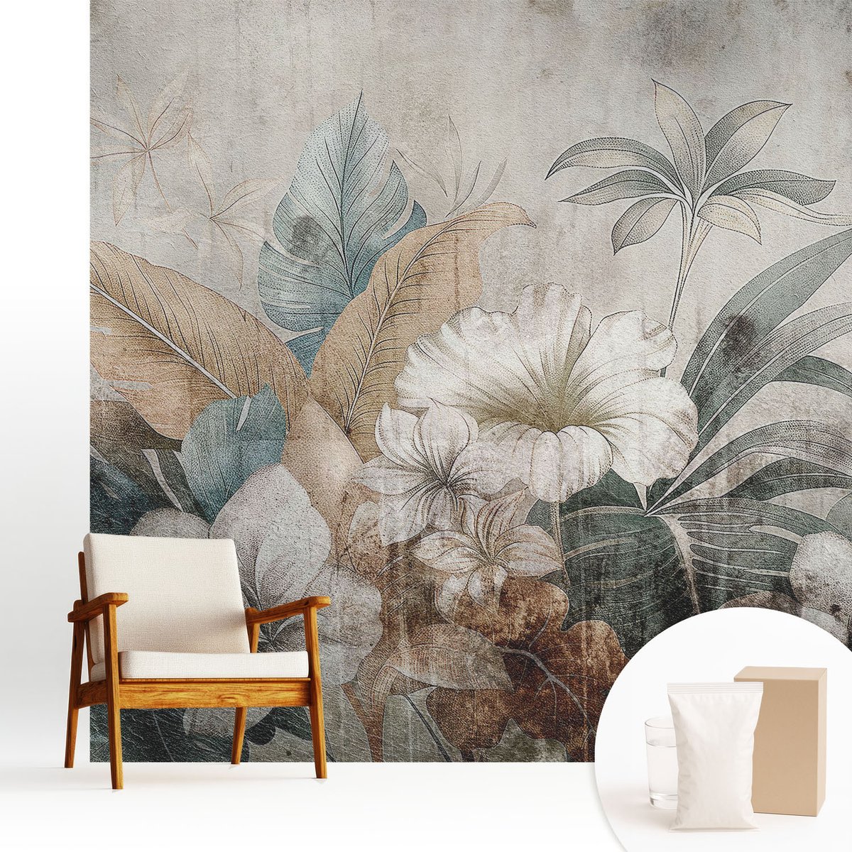 Wallfluent Fotobehang - Grijs Vliesbehang - 250x250 cm - Bloemendroom Muurschildering - Gang behang Bloemen En Planten - Fotobehang Vlies - Slaapkamer behang