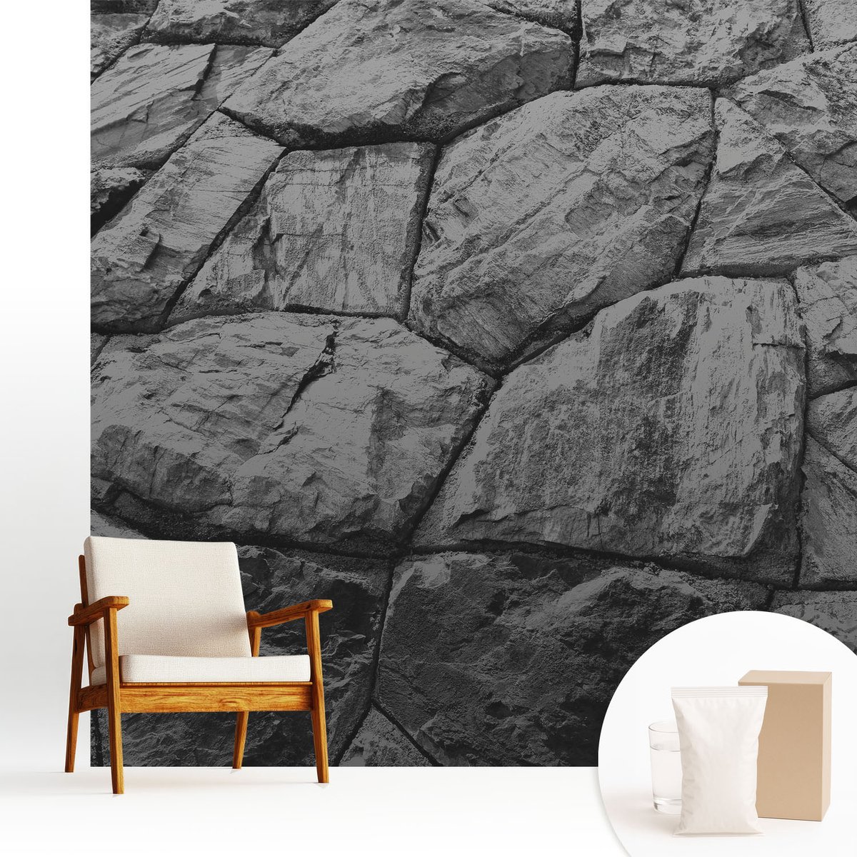 Wallfluent Fotobehang - Zwart-Wit Vliesbehang - 250x250 cm - Steenstructuren Muurschildering - Gang behang Texturen - Fotobehang Vlies - Slaapkamer behang