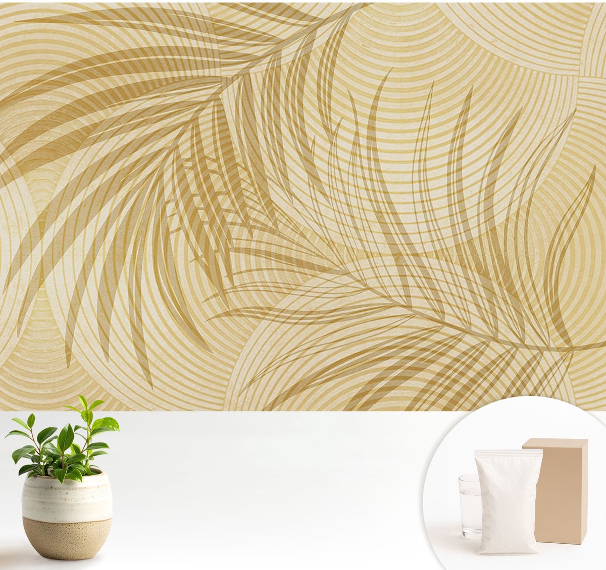Wallfluent Fotobehang - Beige Vliesbehang - 104x70 cm - Tropische Elegantie Muurschildering - Gang behang Achtergronden En Patronen - Fotobehang Vlies - Slaapkamer behang