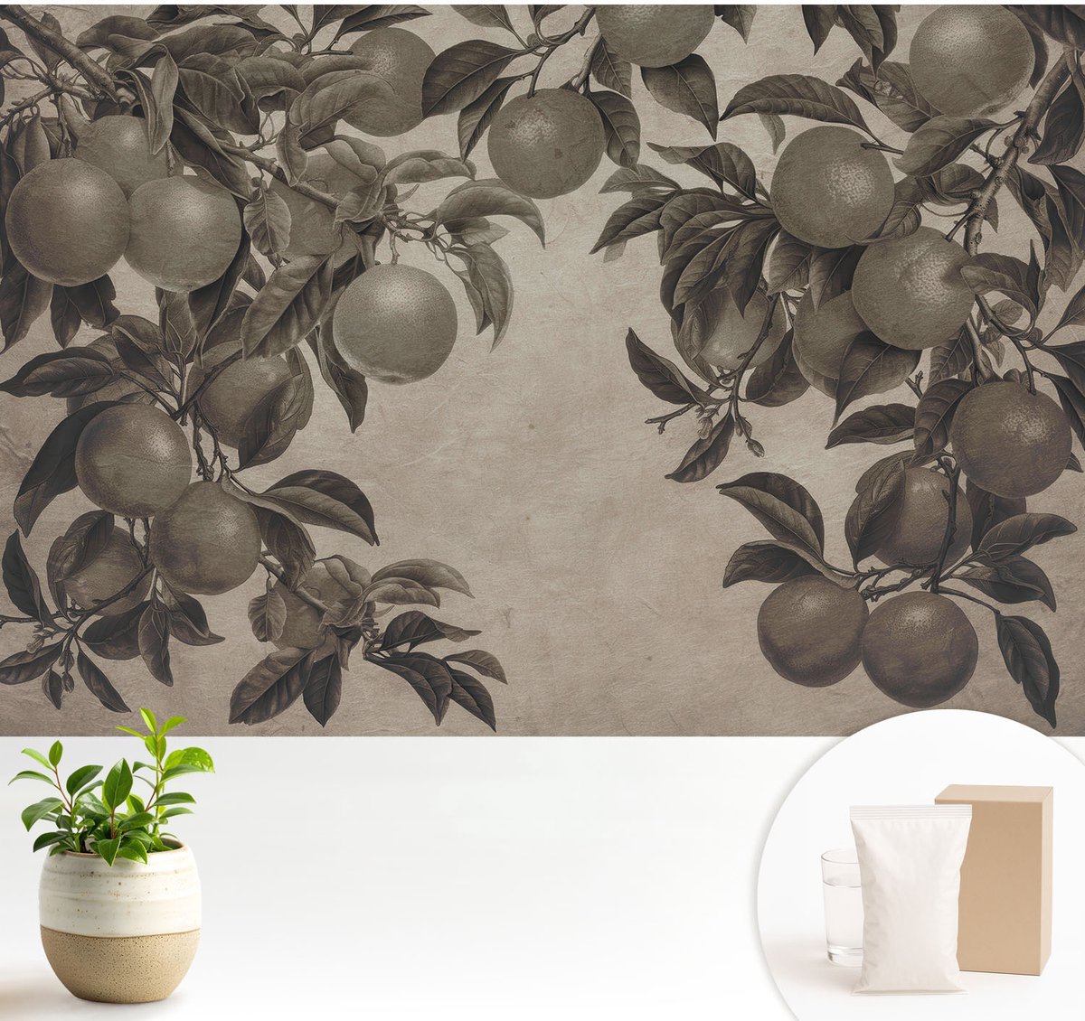 Wallfluent Fotobehang - Grijs Vliesbehang - 104x70 cm - Vruchtpatroon Muurschildering - Gang behang Bloemen En Planten - Fotobehang Vlies - Gang behang