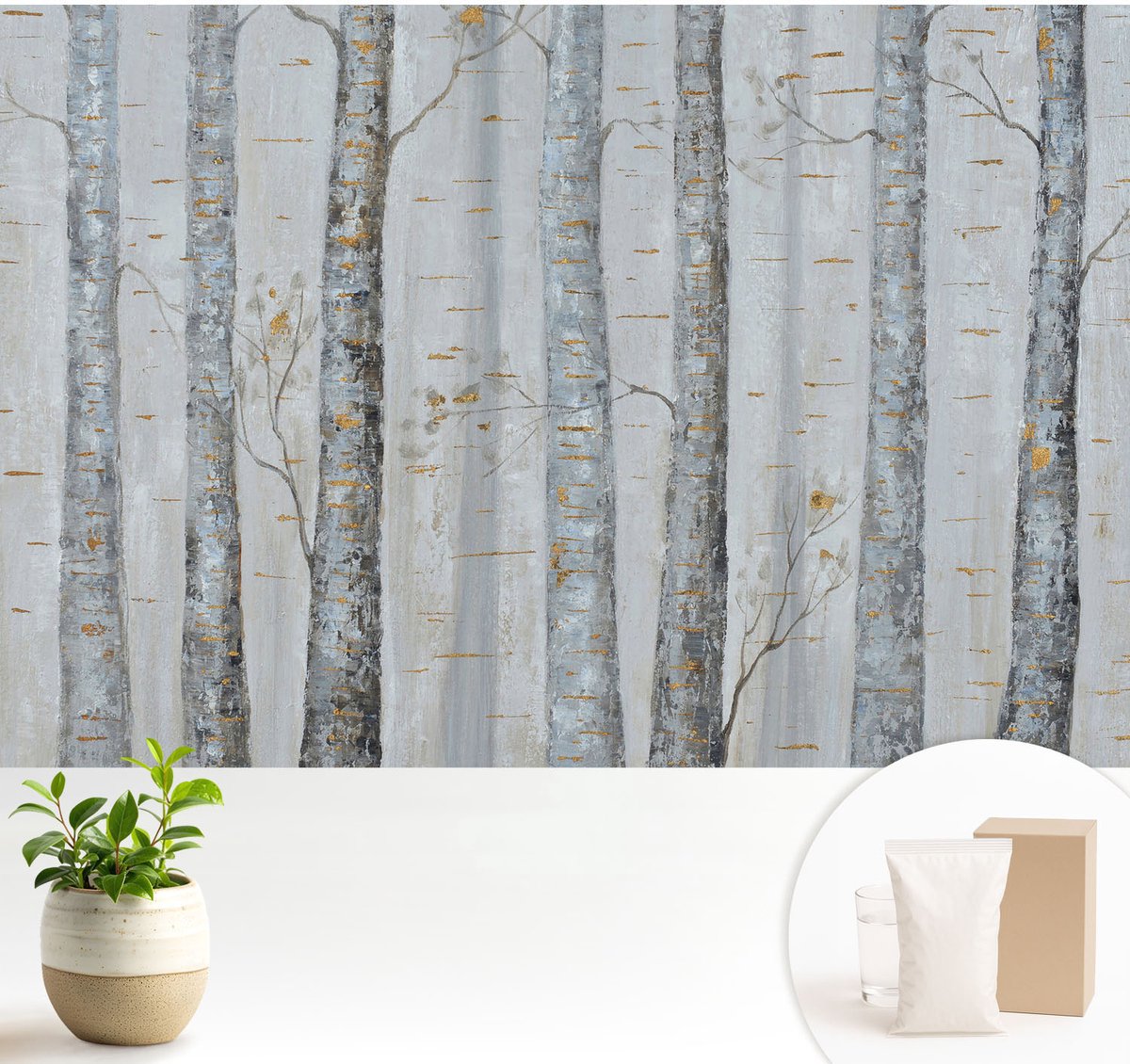 Wallfluent Fotobehang - Grijs Vliesbehang - 104x70 cm - Berkenbomen Fotobehang Vlies - Woonkamer behang Bloemen En Planten - Muurschildering - Woonkamer behang
