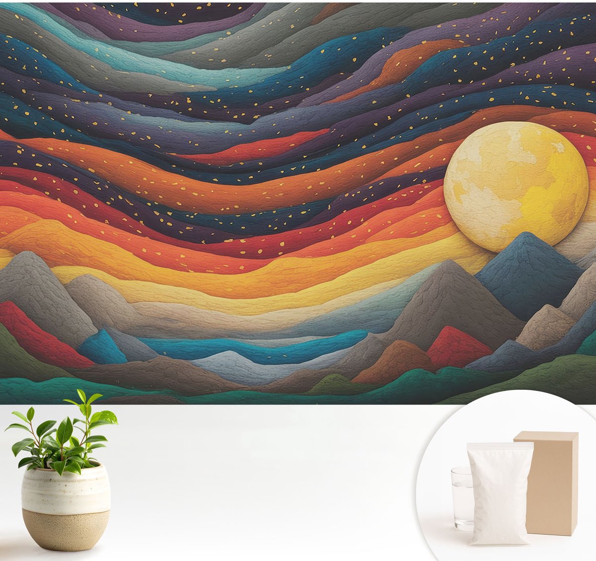 Wallfluent Fotobehang - Oranje Vliesbehang - 104x70 cm - Kleurrijke Bergen Fotobehang Vlies - Hal behang Abstractie - Muurschildering - Woonkamer behang