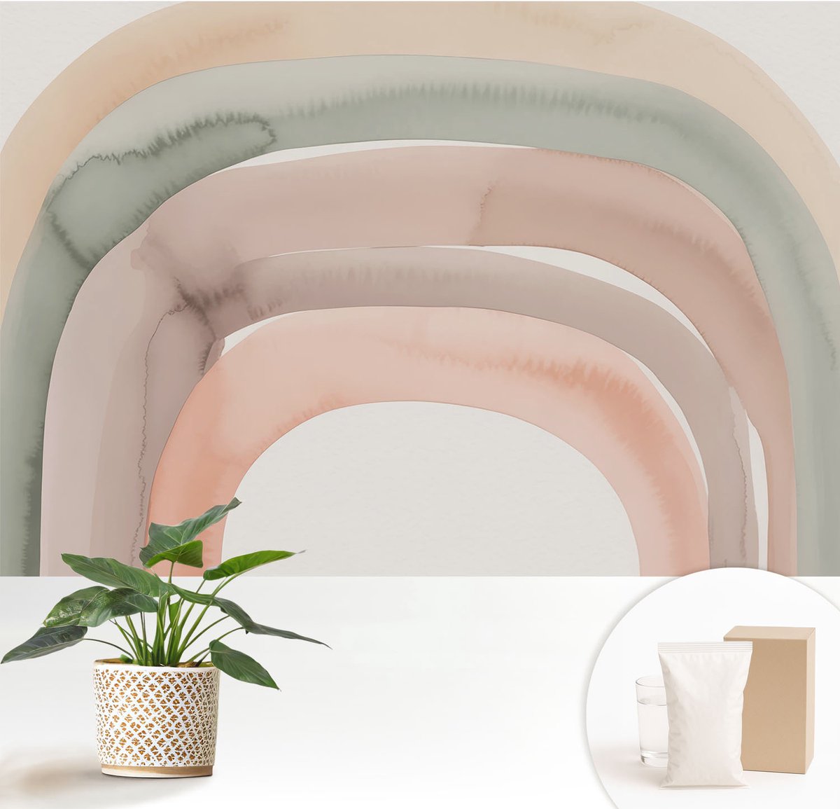 Wallfluent Fotobehang - Beige Vliesbehang - 152x104 cm - Regenboogbogen Muurschildering - Slaapkamer behang Abstractie - Fotobehang Vlies - Slaapkamer behang