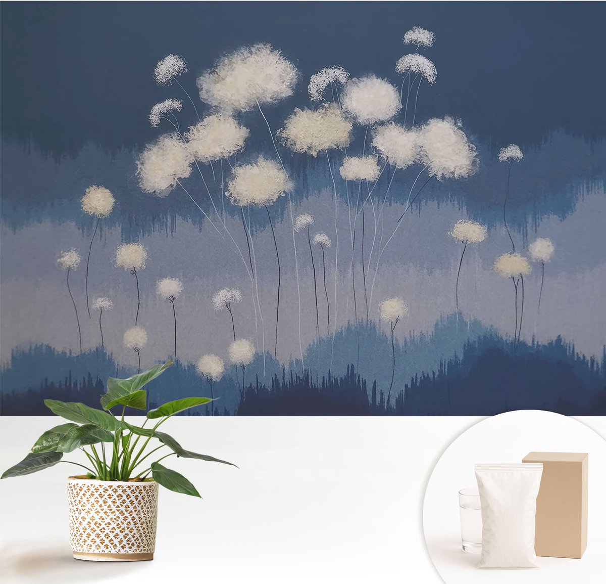 Wallfluent Fotobehang - Marine Vliesbehang - 152x104 cm - Witte Paardenbloemen Muurschildering - Slaapkamer behang Deel - Fotobehang Vlies - Slaapkamer behang