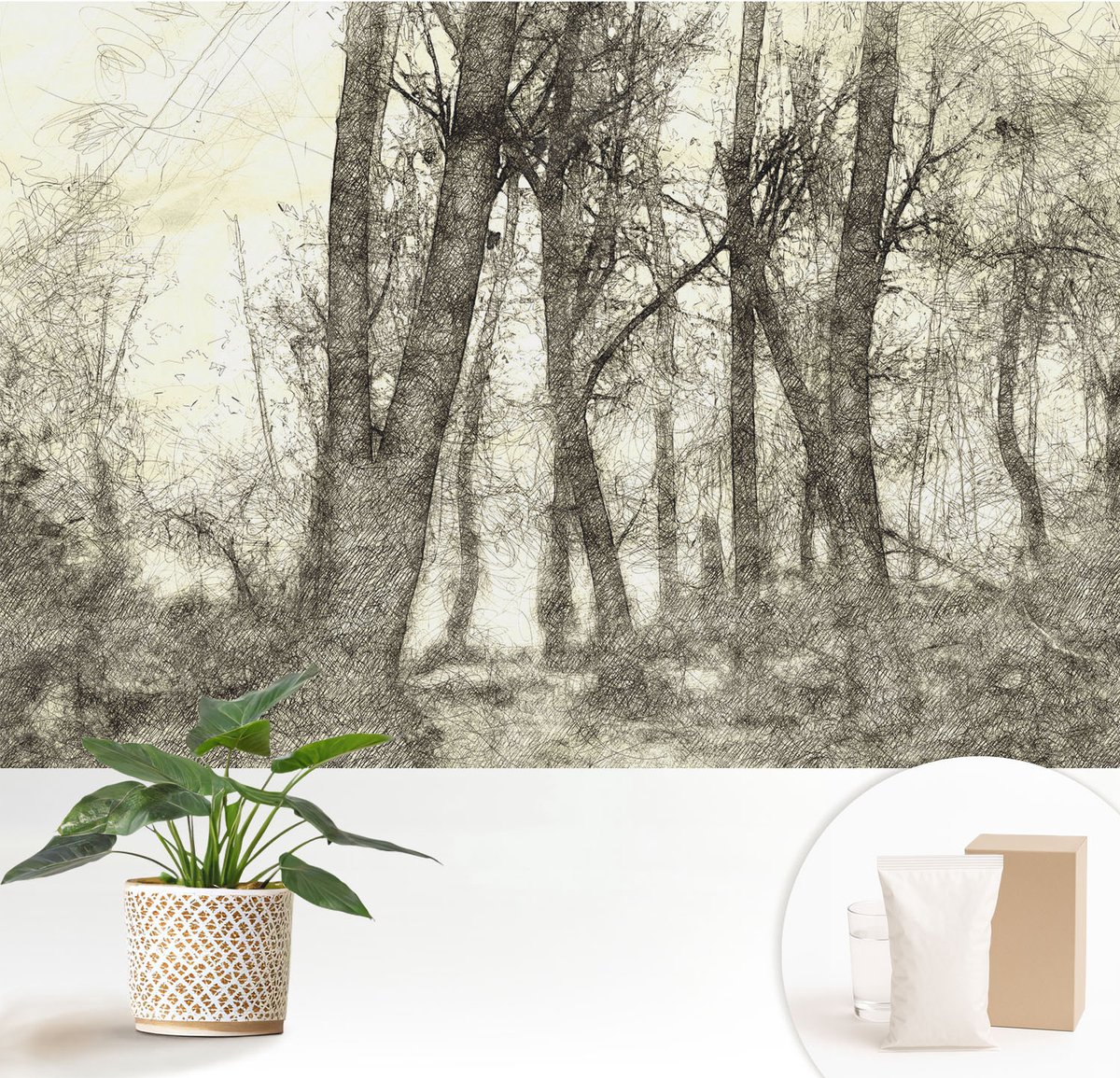 Wallfluent Fotobehang - Zwart-Wit Vliesbehang - 152x104 cm - Bosmelancholie Muurschildering - Slaapkamer behang Landschappen - Fotobehang Vlies - Slaapkamer behang