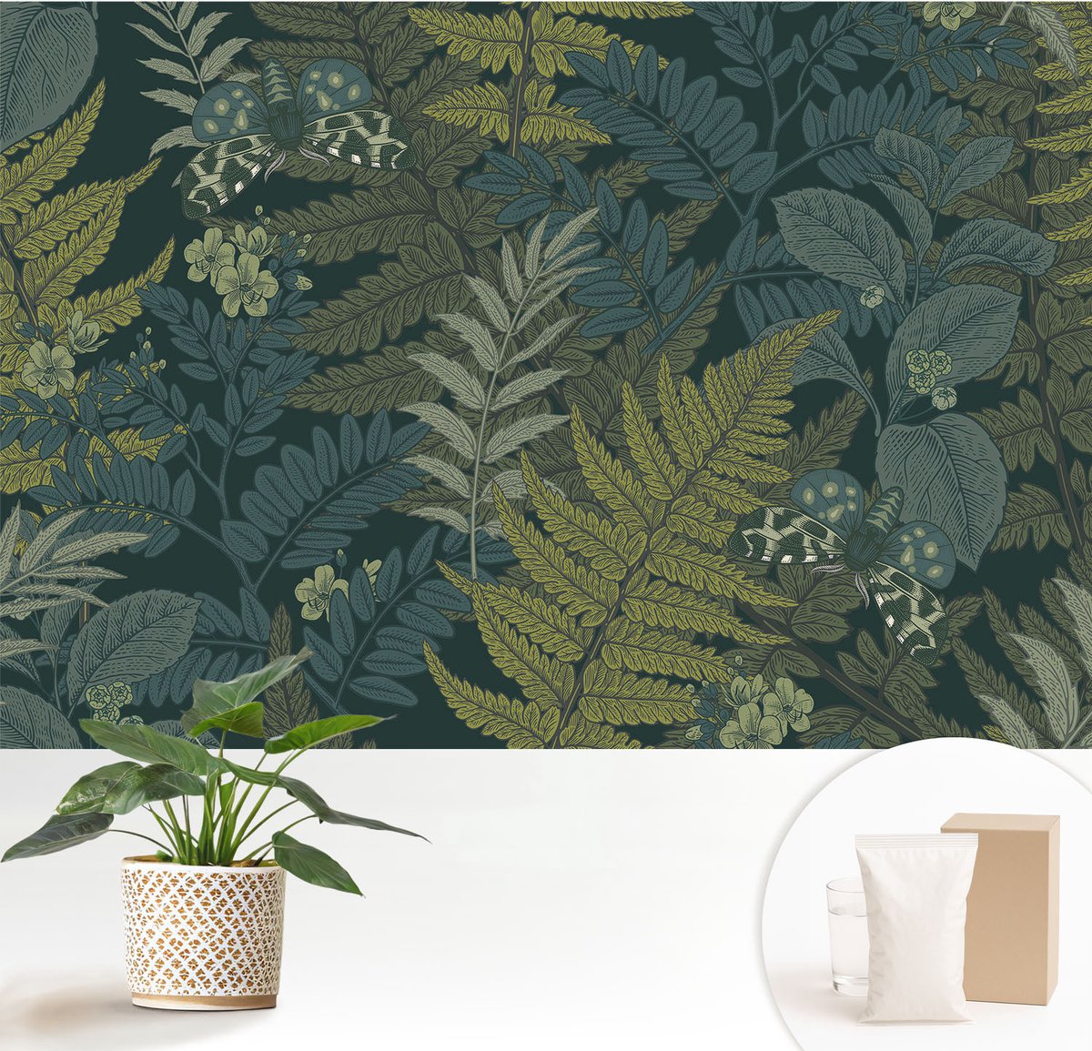 Wallfluent Fotobehang - Groente Vliesbehang - 152x104 cm - Groene Elegantie Fotobehang Vlies - Hal behang Bloemen En Planten - Muurschildering - Hal behang