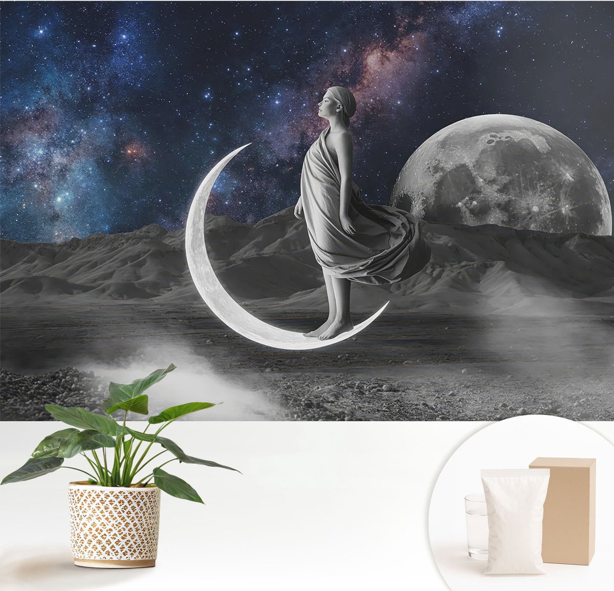Wallfluent Fotobehang - Zwart-Wit Vliesbehang - 152x104 cm - Nachtdromen Fotobehang Vlies - Hal behang Kosmos - Muurschildering - Woonkamer behang