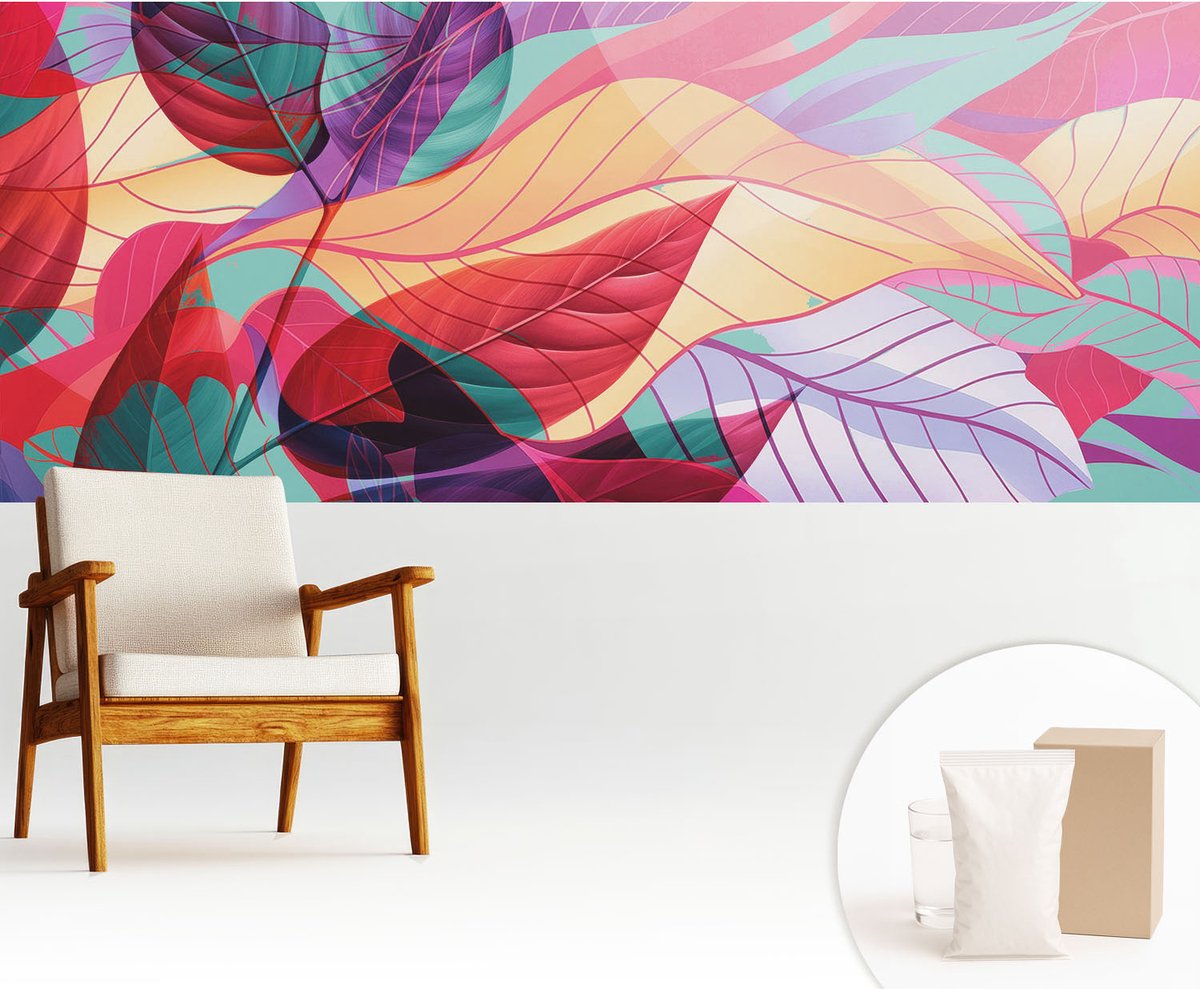 Wallfluent Fotobehang - Zwart Vliesbehang - 250x104 cm - Abstracte Bladeren Fotobehang Vlies - Hal behang Bloemversiering - Muurschildering - Hal behang