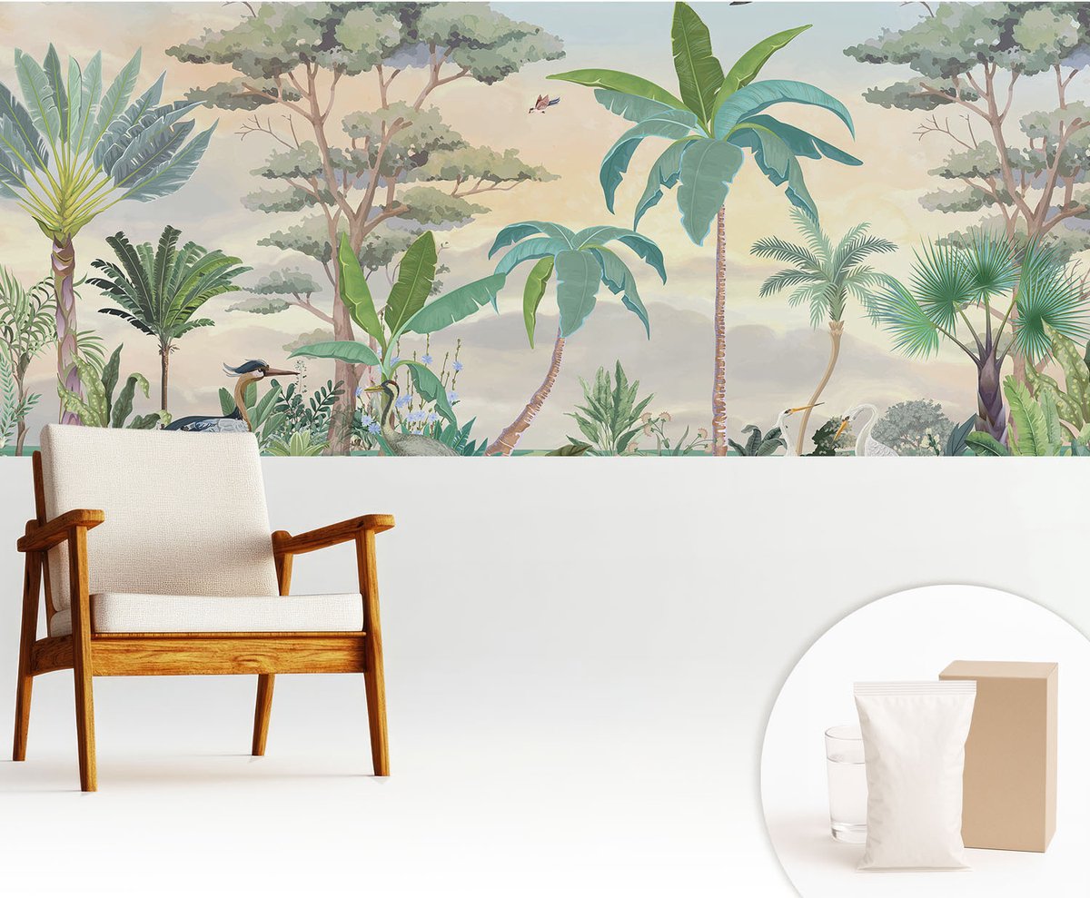 Wallfluent Fotobehang - Zwart Vliesbehang - 250x104 cm - Exotische Flora Muurschildering - Slaapkamer behang Bloemen En Planten - Fotobehang Vlies - Slaapkamer behang