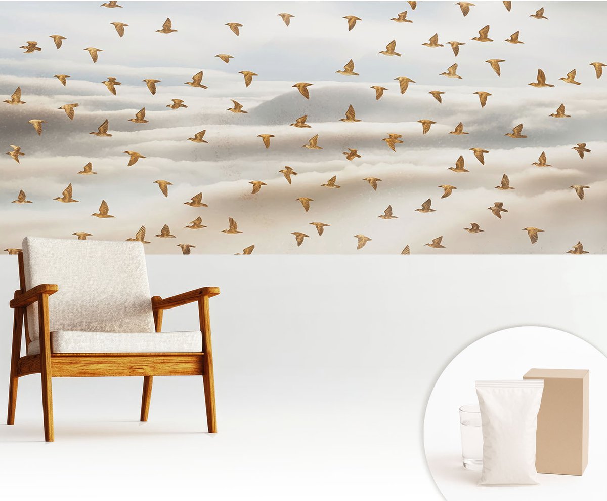 Wallfluent Fotobehang - Beige Vliesbehang - 250x104 cm - Vogels In Vlucht Muurschildering - Gang behang Dieren - Fotobehang Vlies - Slaapkamer behang