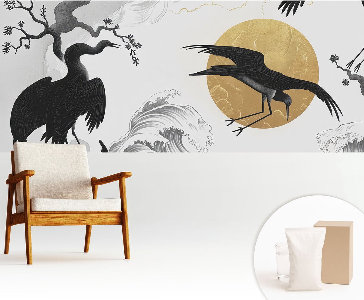 Wallfluent Fotobehang - Zwart-Wit Vliesbehang - 250x104 cm - Zwarte Kraanvogels Fotobehang Vlies - Woonkamer behang Deel - Muurschildering - Woonkamer behang