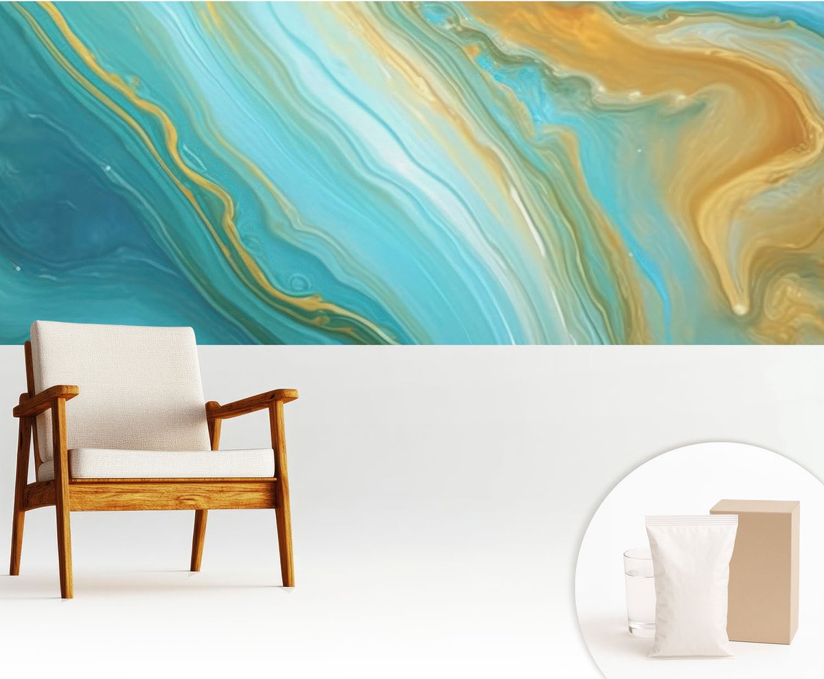 Wallfluent Fotobehang - Blauw Vliesbehang - 250x104 cm - Abstracte Golven Fotobehang Vlies - Woonkamer behang Abstractie - Muurschildering - Woonkamer behang