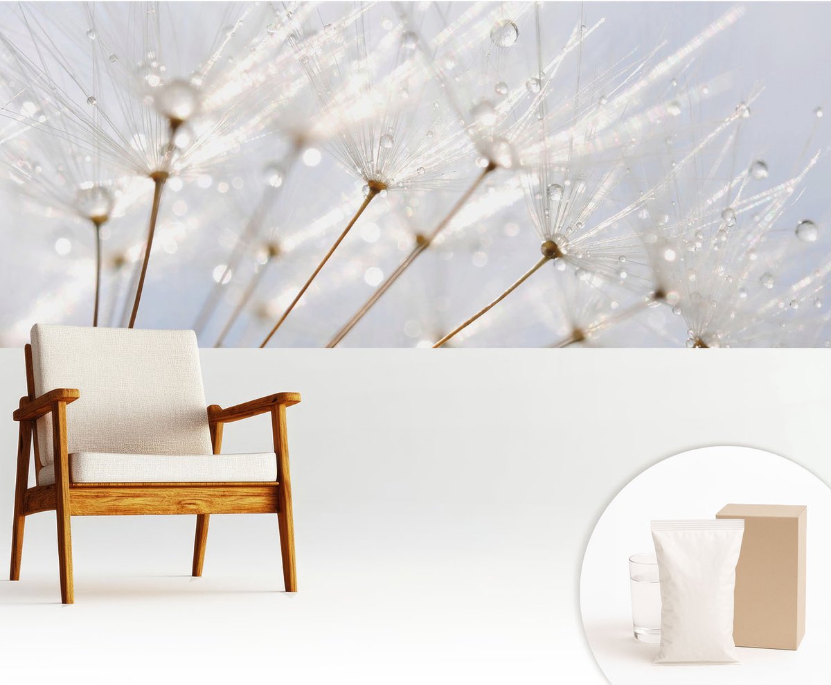 Wallfluent Fotobehang - Wit Vliesbehang - 250x104 cm - Roze Paardenbloem Fotobehang Vlies - Hal behang Bloemen En Planten - Muurschildering - Hal behang