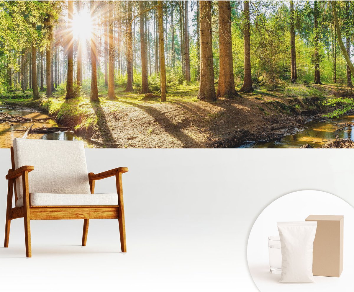Wallfluent Fotobehang - Groente Vliesbehang - 250x104 cm - Idylle In Het Bos Muurschildering - Gang behang Landschappen - Fotobehang Vlies - Gang behang