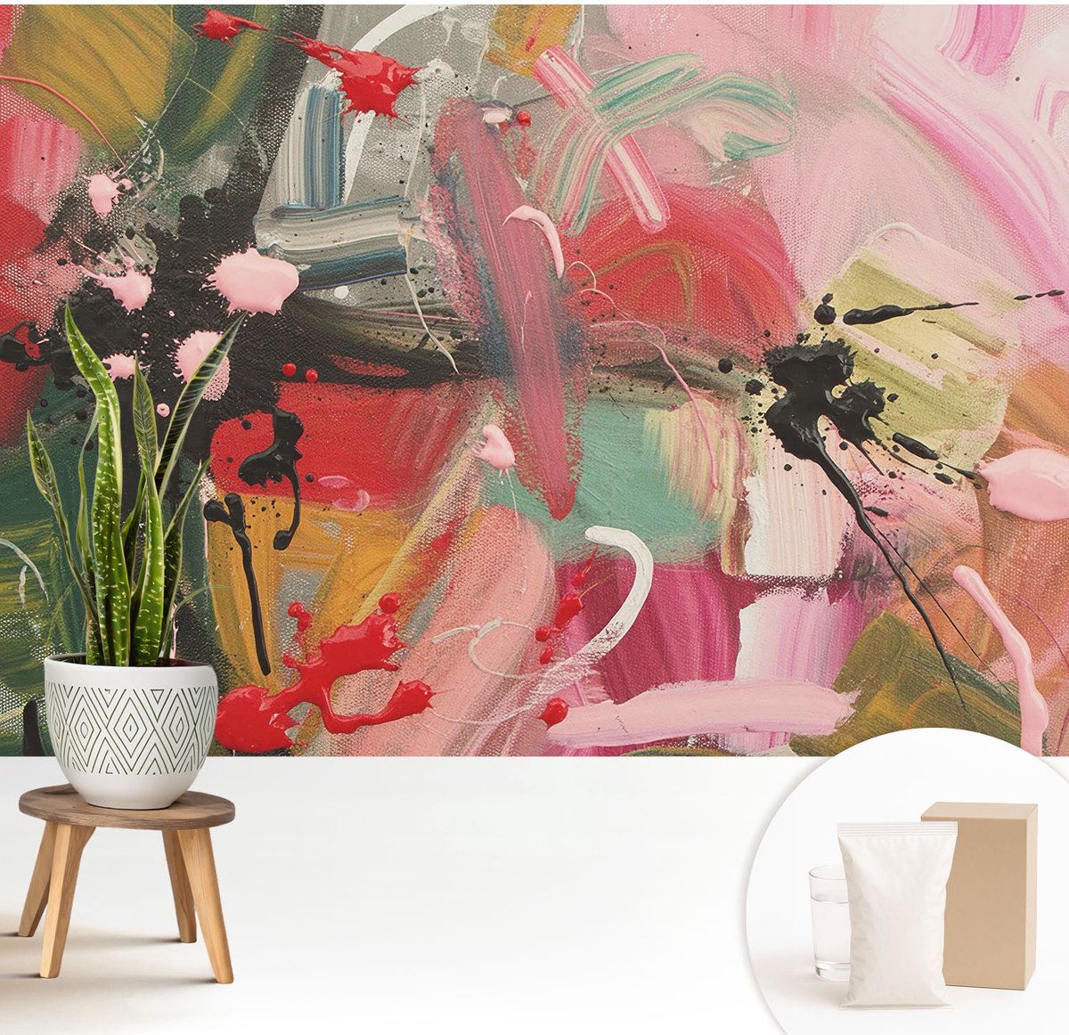 Wallfluent Fotobehang - Roze Vliesbehang - 208x146 cm - Kleurrijke Chaos Muurschildering - Slaapkamer behang Achtergronden En Patronen - Fotobehang Vlies - Slaapkamer behang