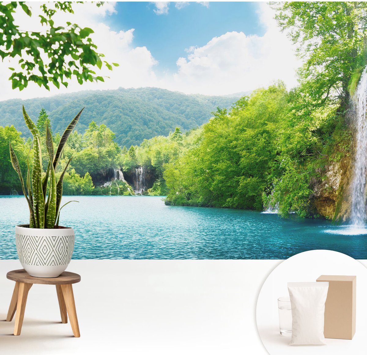 Wallfluent Fotobehang - Groente Vliesbehang - 208x146 cm - Natuurlijke Waterval Muurschildering - Gang behang Landschappen - Fotobehang Vlies - Slaapkamer behang