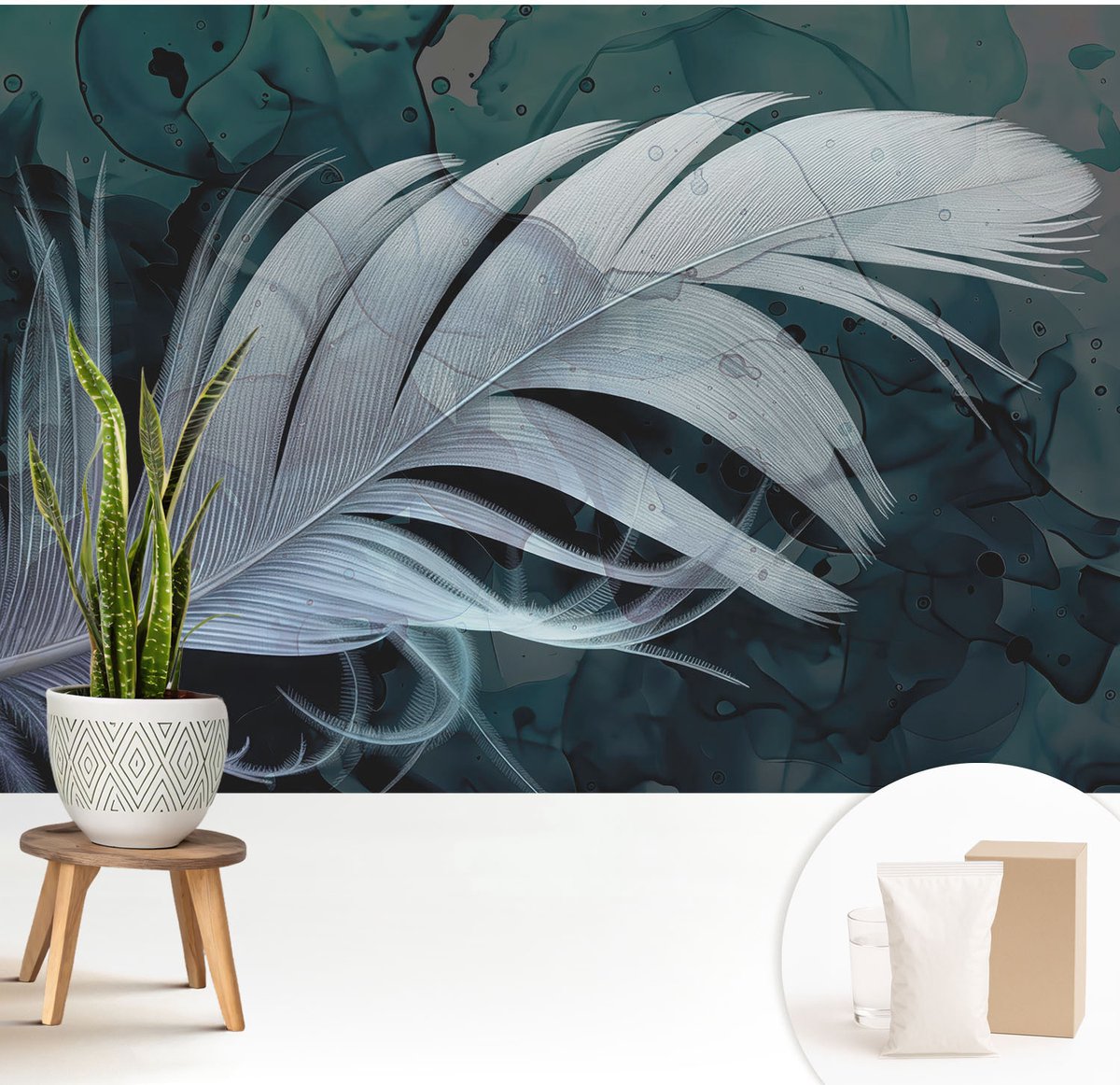 Wallfluent Fotobehang - Wit Vliesbehang - 208x146 cm - Etherische Veer Muurschildering - Gang behang Deel - Fotobehang Vlies - Slaapkamer behang