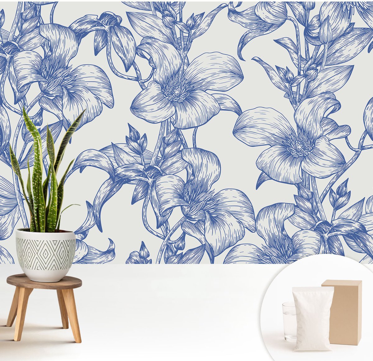 Wallfluent Fotobehang - Wit Vliesbehang - 208x146 cm - Bloemtakken Fotobehang Vlies - Hal behang Bloemen En Planten - Muurschildering - Hal behang