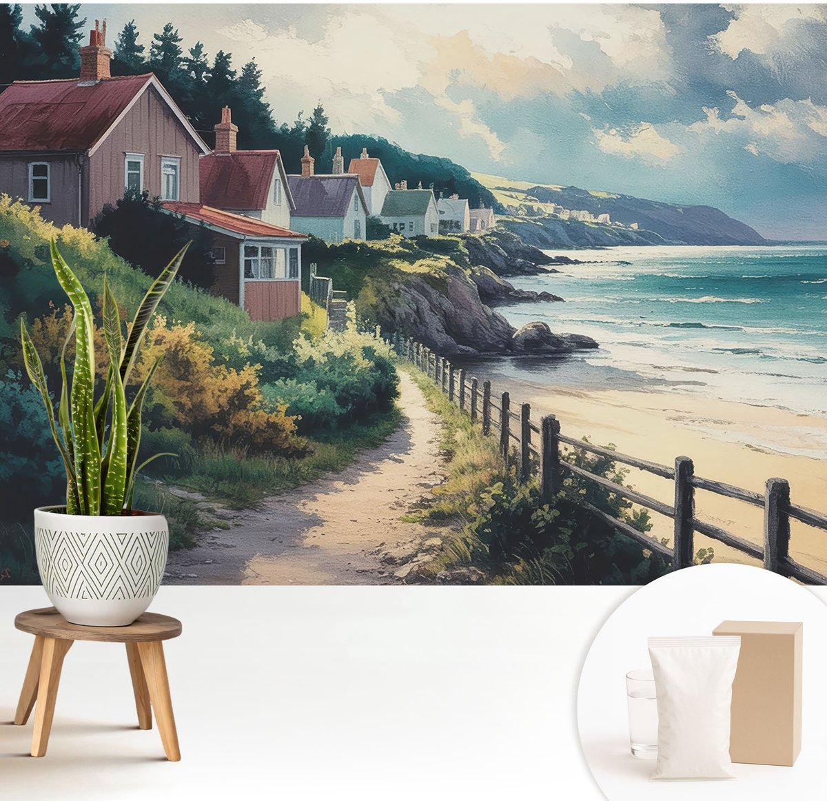Wallfluent Fotobehang - Groente Vliesbehang - 208x146 cm - Klifhuizen Fotobehang Vlies - Hal behang Landschappen - Muurschildering - Hal behang