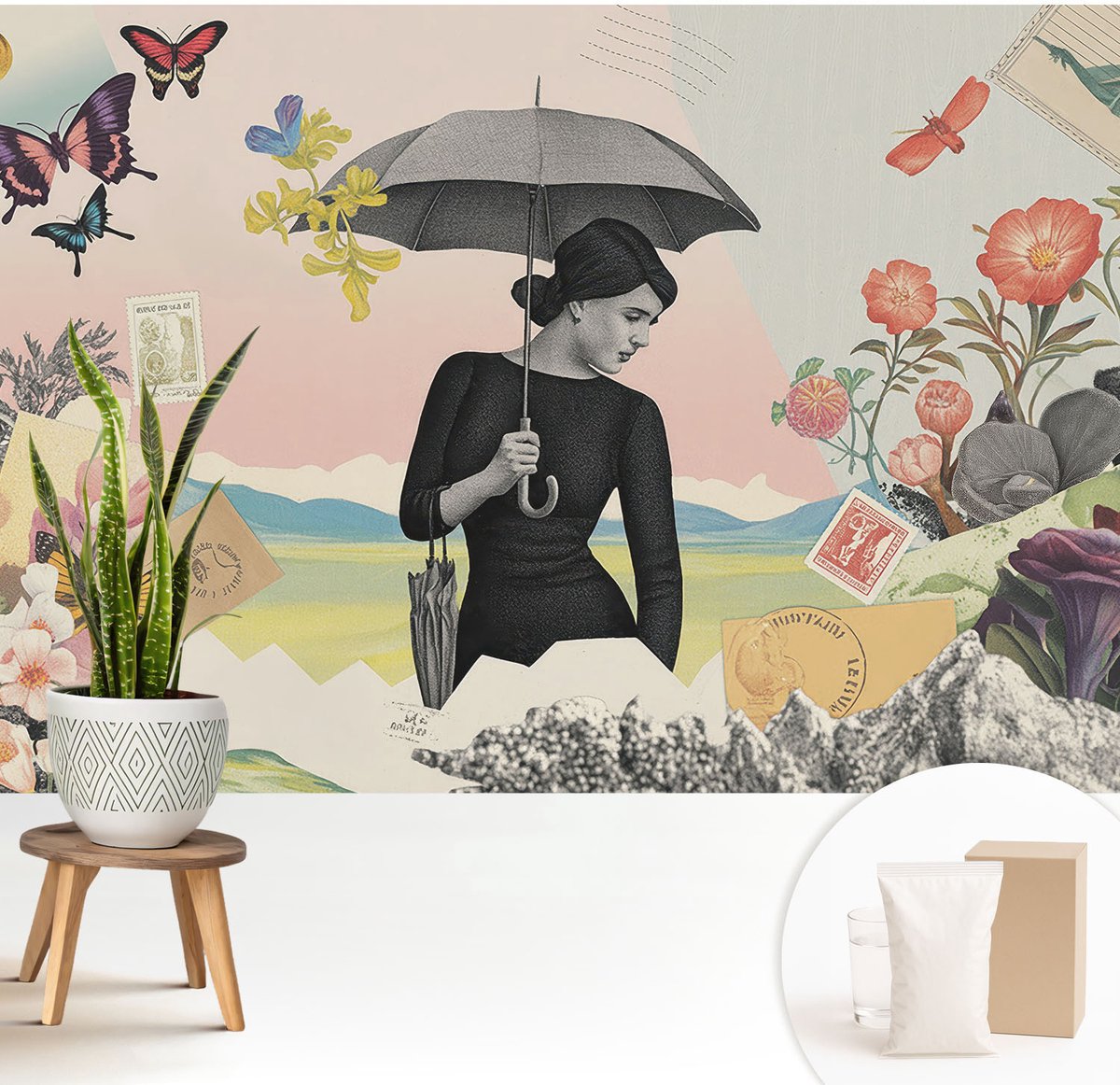 Wallfluent Fotobehang - Roze Vliesbehang - 208x146 cm - Romantische Collage Muurschildering - Gang behang Deel - Fotobehang Vlies - Slaapkamer behang
