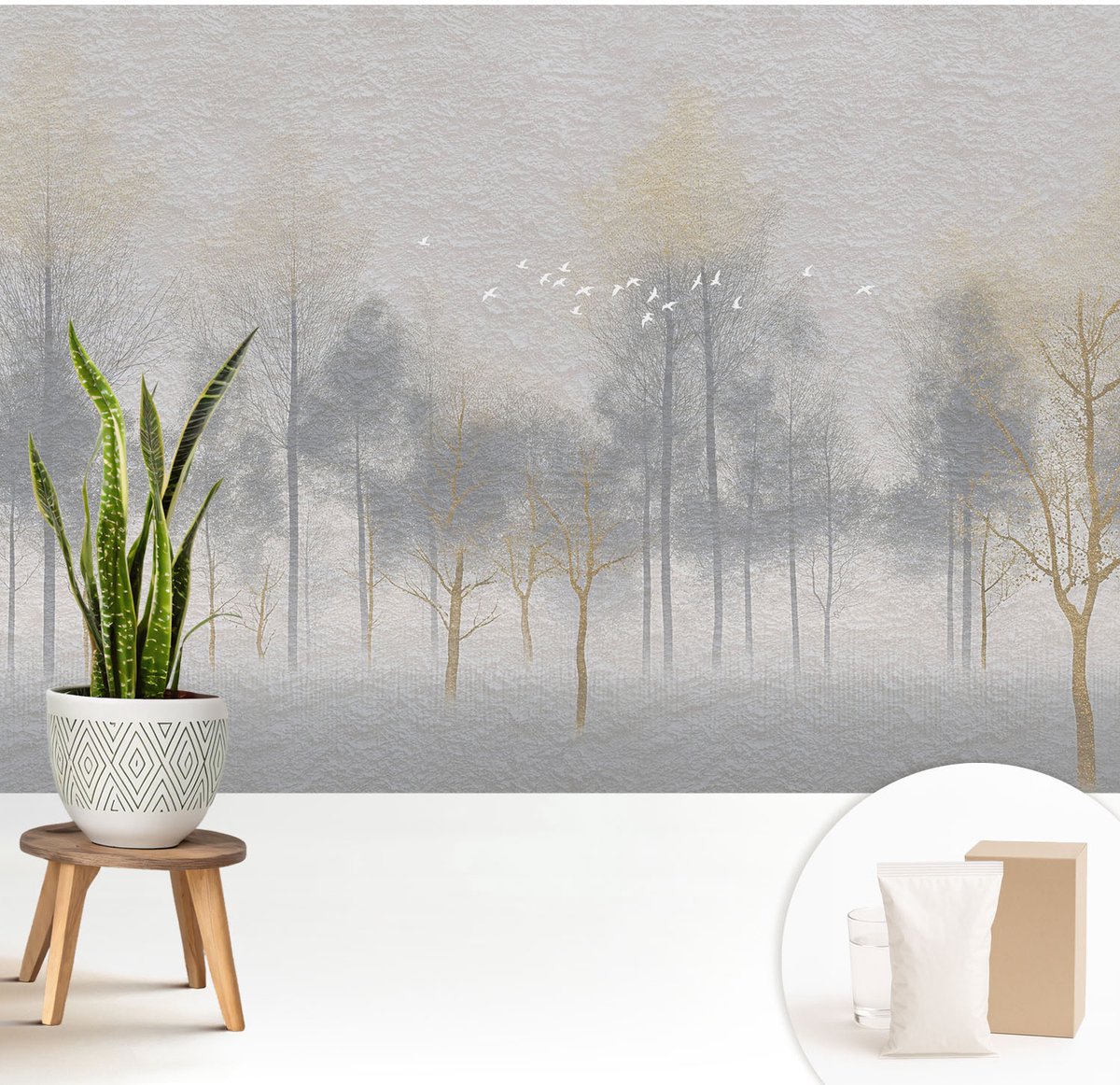 Wallfluent Fotobehang - Grijs Vliesbehang - 208x146 cm - Bosharmonie Muurschildering - Gang behang Landschappen - Fotobehang Vlies - Slaapkamer behang