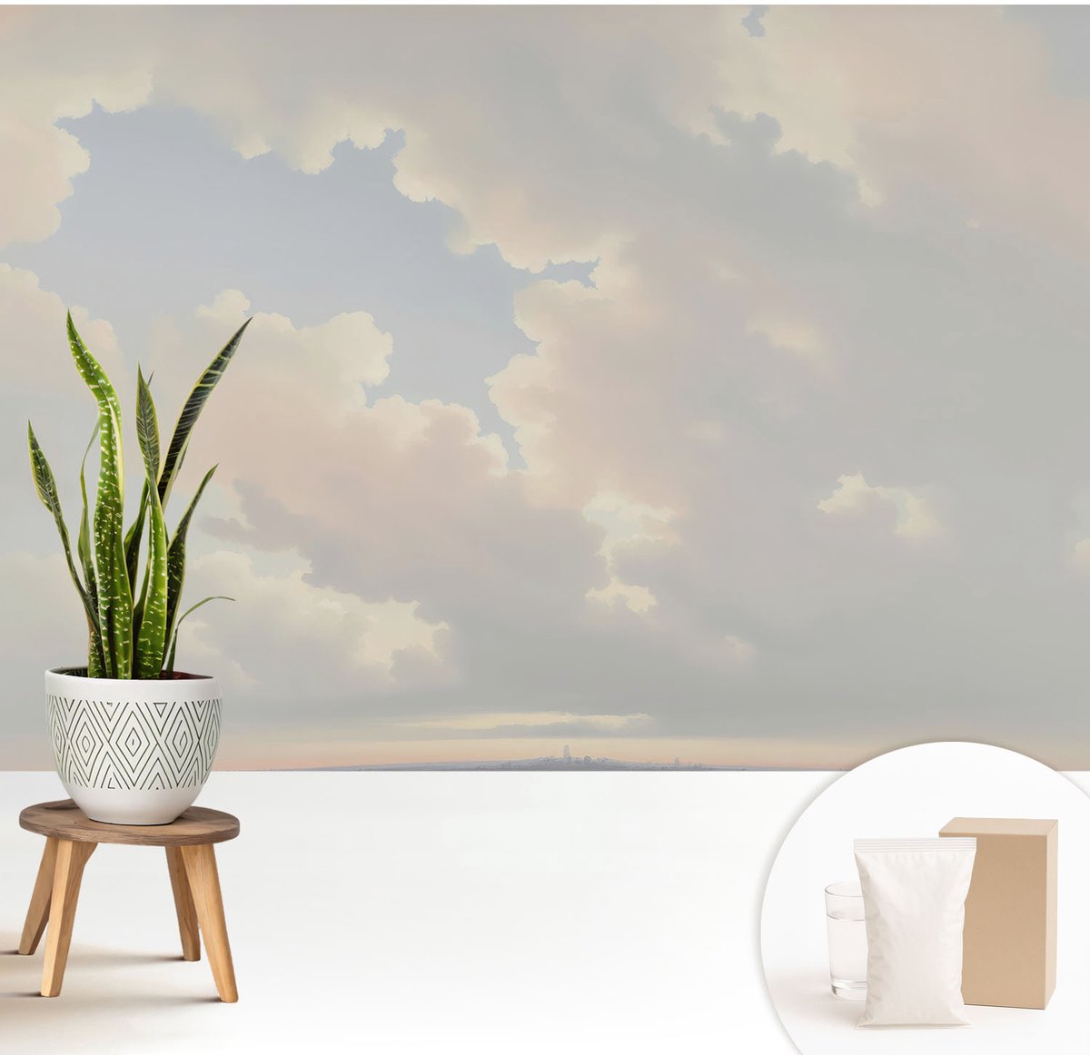 Wallfluent Fotobehang - Wit Vliesbehang - 208x146 cm - Pastelkleurige Hemel Fotobehang Vlies - Woonkamer behang Landschappen - Muurschildering - Woonkamer behang
