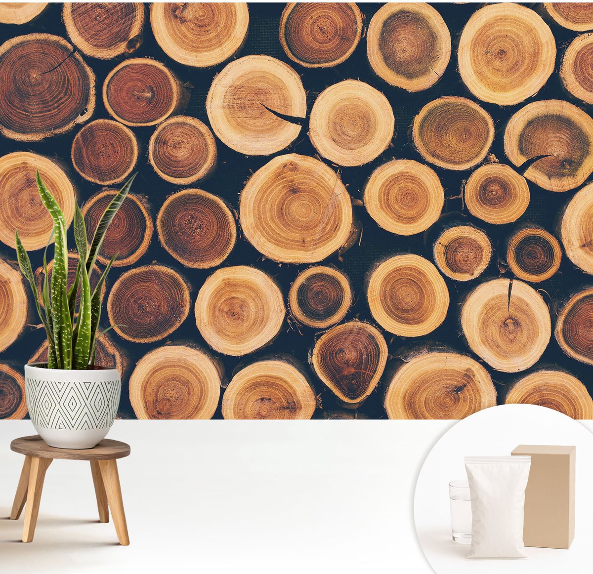 Wallfluent Fotobehang - Bruin Vliesbehang - 208x146 cm - Houten Cirkels Muurschildering - Slaapkamer behang Texturen - Fotobehang Vlies - Slaapkamer behang