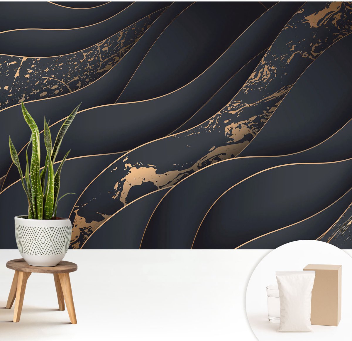 Wallfluent Fotobehang - Zwart Vliesbehang - 208x146 cm - Elegante Golven Fotobehang Vlies - Hal behang Abstractie - Muurschildering - Woonkamer behang