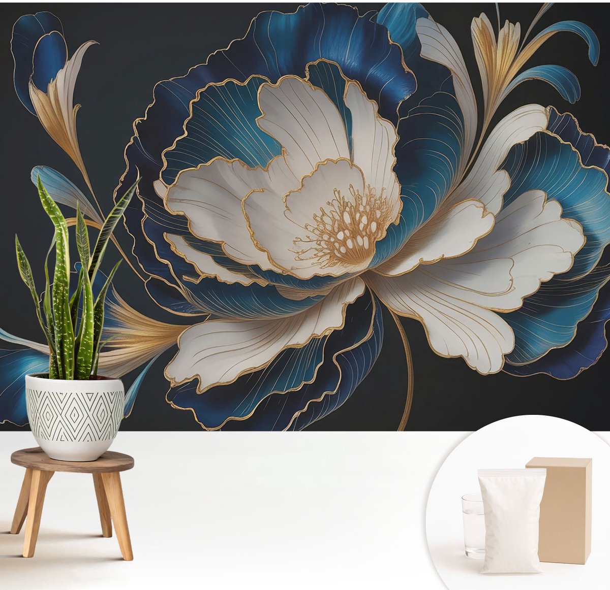 Wallfluent Fotobehang - Wit Vliesbehang - 208x146 cm - Bloemenpatroon Fotobehang Vlies - Woonkamer behang Bloemen En Planten - Muurschildering - Woonkamer behang