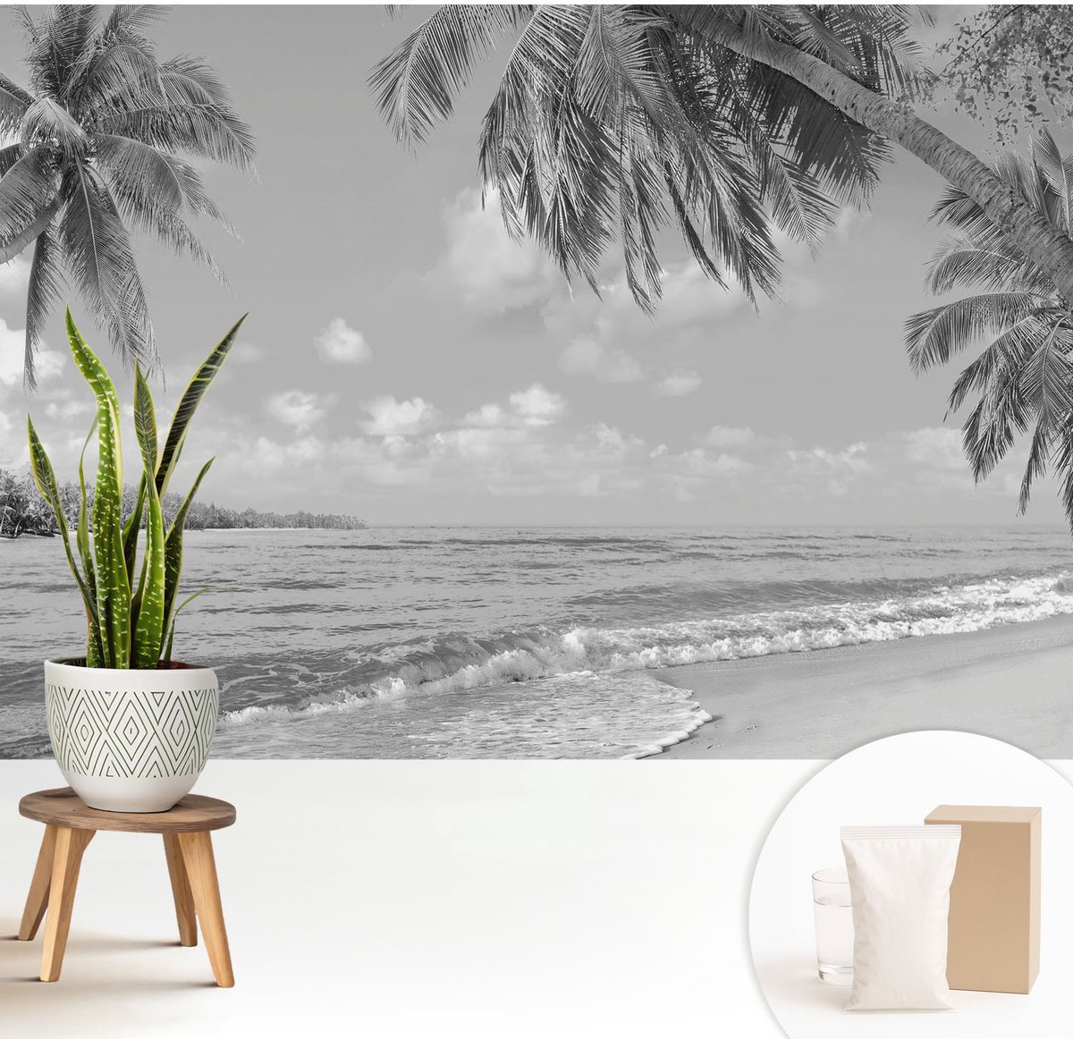 Wallfluent Fotobehang - Zwart-Wit Vliesbehang - 208x146 cm - Tropisch Paradijs Muurschildering - Slaapkamer behang Landschappen - Fotobehang Vlies - Slaapkamer behang