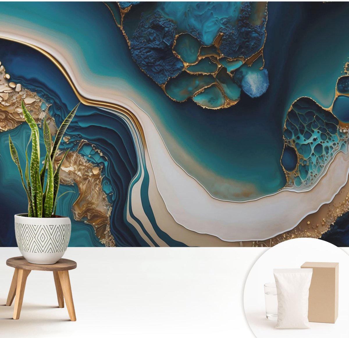 Wallfluent Fotobehang - Turkoois Vliesbehang - 208x146 cm - Kleurrijke Abstractie Fotobehang Vlies - Woonkamer behang Abstractie - Muurschildering - Woonkamer behang