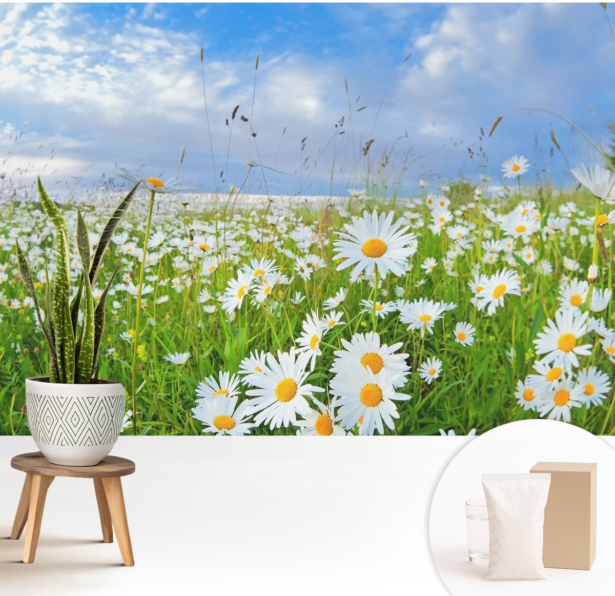 Wallfluent Fotobehang - Wit Vliesbehang - 208x146 cm - Zomerweide Muurschildering - Slaapkamer behang Bloemen En Planten - Fotobehang Vlies - Slaapkamer behang
