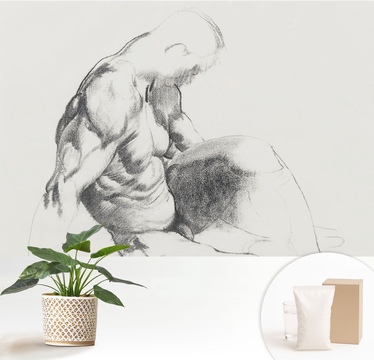 Wallfluent Fotobehang - Wit Vliesbehang - 152x104 cm - Mannelijke Schets Muurschildering - Gang behang Mensen - Fotobehang Vlies - Gang behang