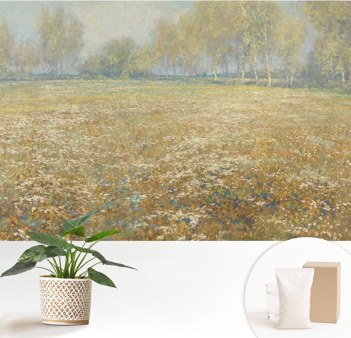Wallfluent Fotobehang - Groente Vliesbehang - 152x104 cm - Bloeiend Veld Fotobehang Vlies - Woonkamer behang Landschappen - Muurschildering - Woonkamer behang