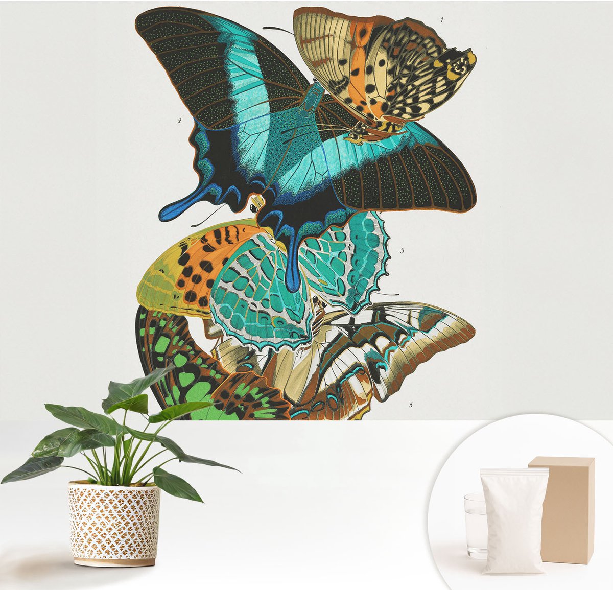 Wallfluent Fotobehang - Turkoois Vliesbehang - 152x104 cm - Kleurrijke Vlinders Fotobehang Vlies - Woonkamer behang Dieren - Muurschildering - Hal behang