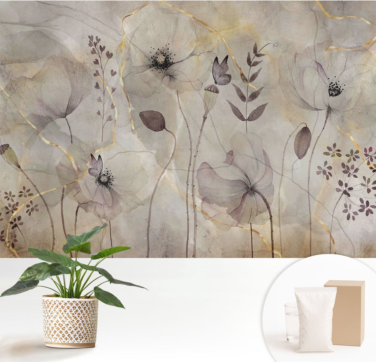 Wallfluent Fotobehang - Grijs Vliesbehang - 152x104 cm - Tere Bloemen Muurschildering - Slaapkamer behang Bloemen En Planten - Fotobehang Vlies - Gang behang