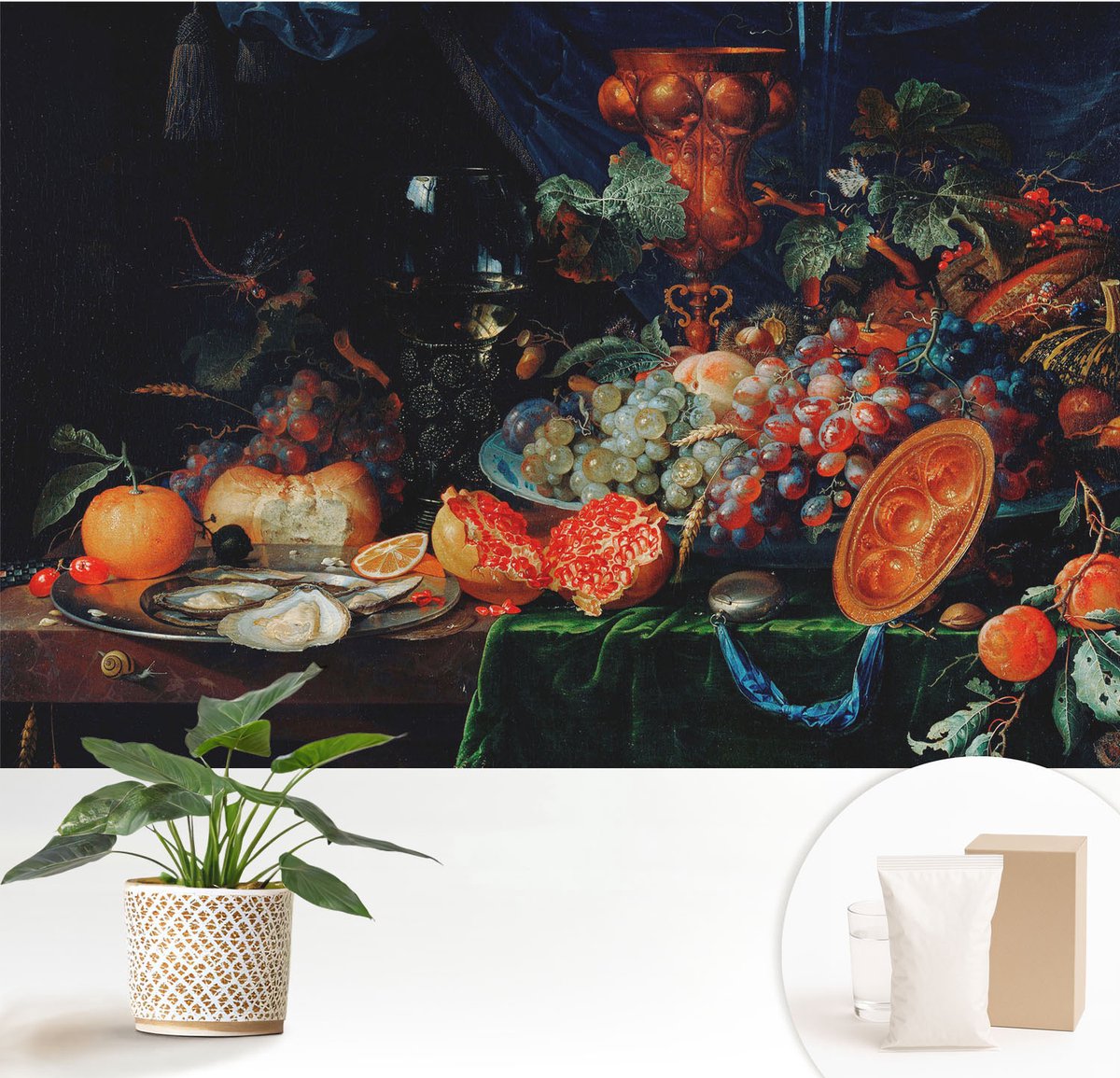 Wallfluent Fotobehang - Zwart Vliesbehang - 152x104 cm - Overvloed Aan Vruchten Fotobehang Vlies - Hal behang Voedsel - Muurschildering - Woonkamer behang