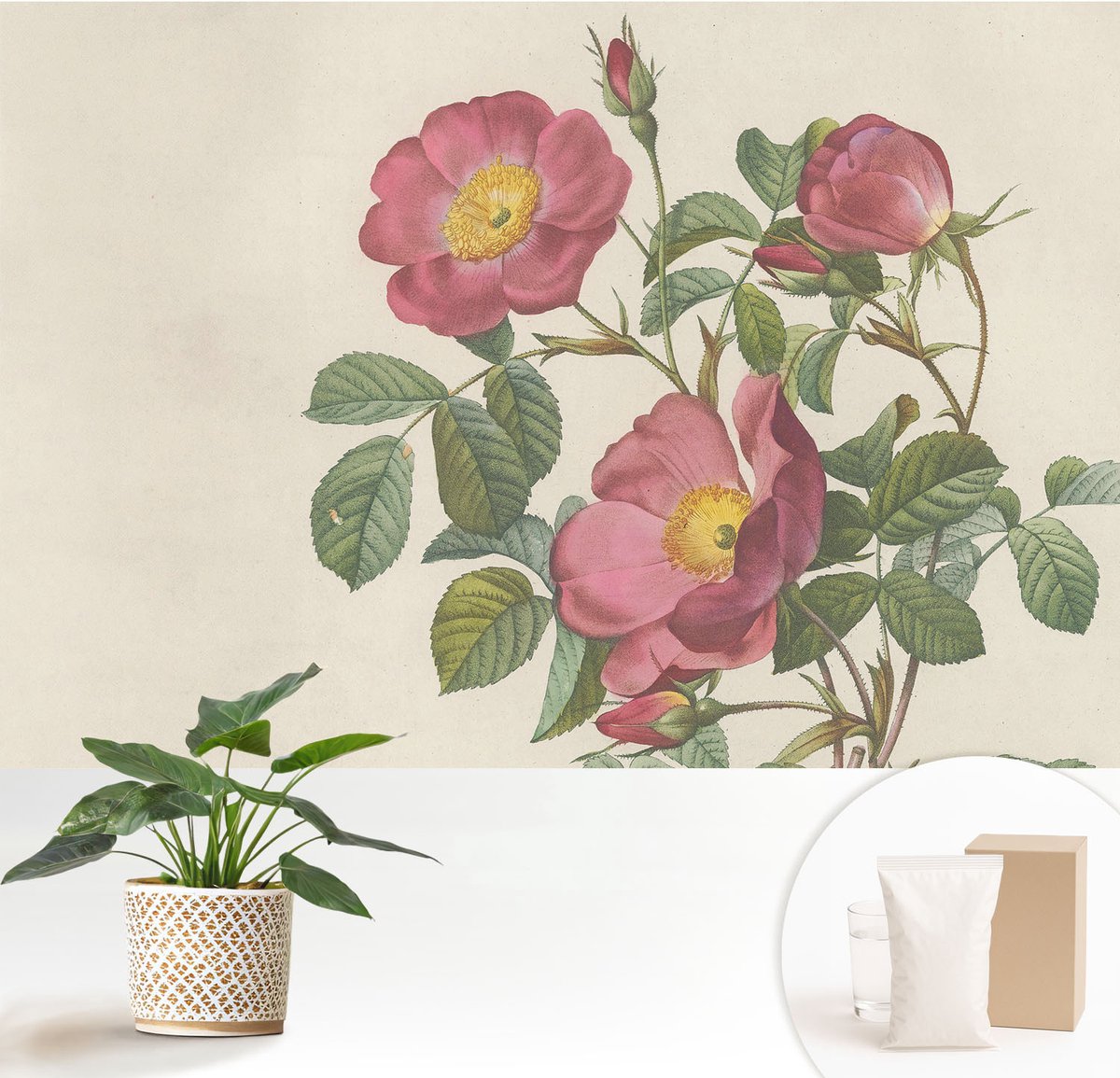 Wallfluent Fotobehang - Roze Vliesbehang - 152x104 cm - Rozenmotief Muurschildering - Slaapkamer behang Bloemen En Planten - Fotobehang Vlies - Slaapkamer behang