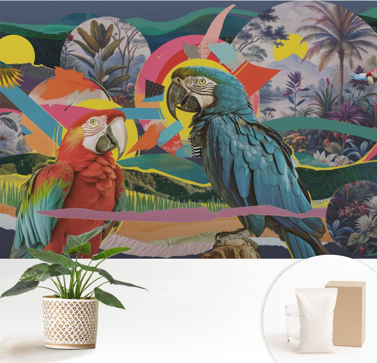 Wallfluent Fotobehang - Blauw Vliesbehang - 152x104 cm - Exotische Vogels Muurschildering - Gang behang Dieren - Fotobehang Vlies - Gang behang