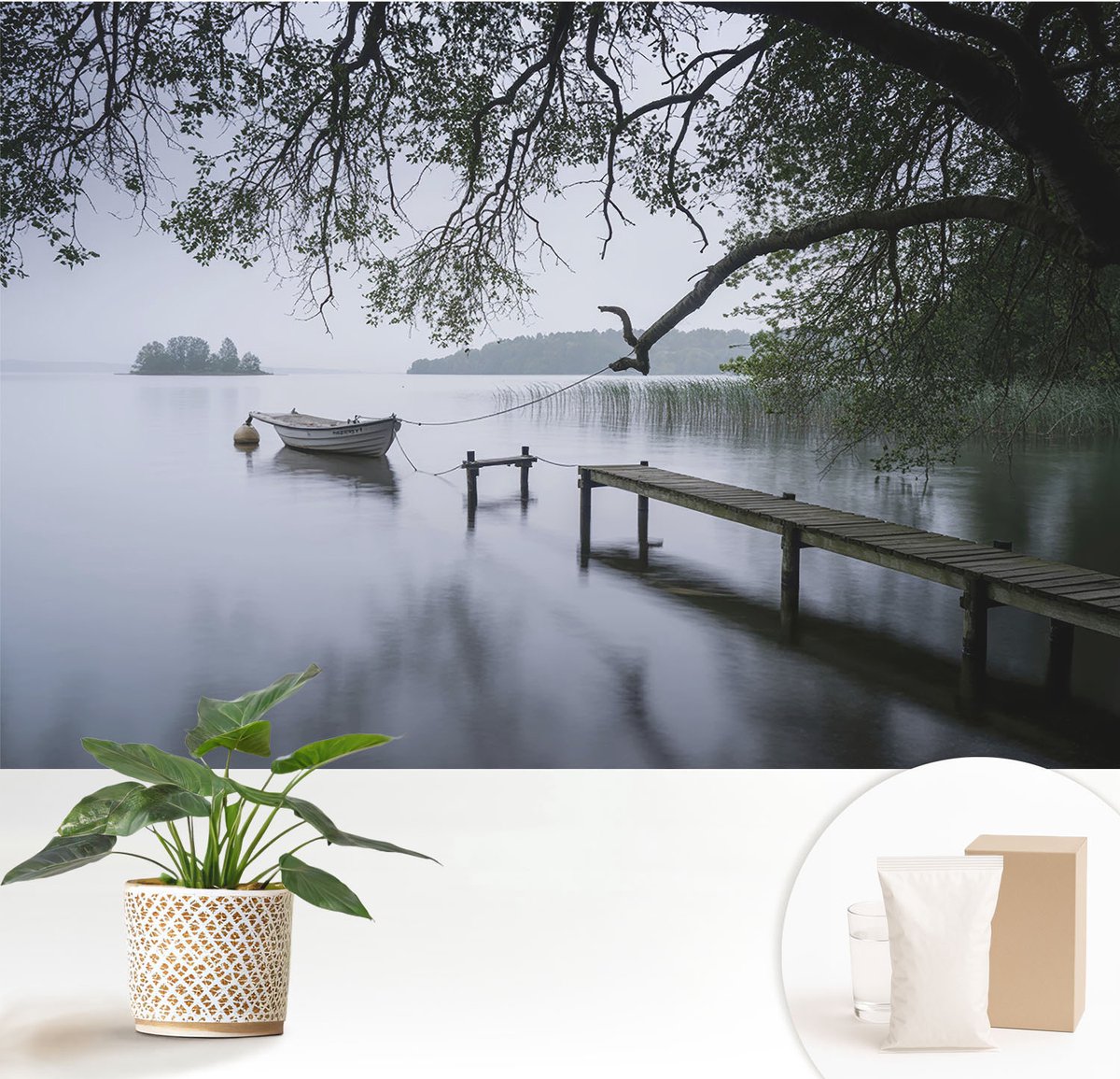 Wallfluent Fotobehang - Grijs Vliesbehang - 152x104 cm - Een Kalm Meer Muurschildering - Gang behang Landschappen - Fotobehang Vlies - Slaapkamer behang