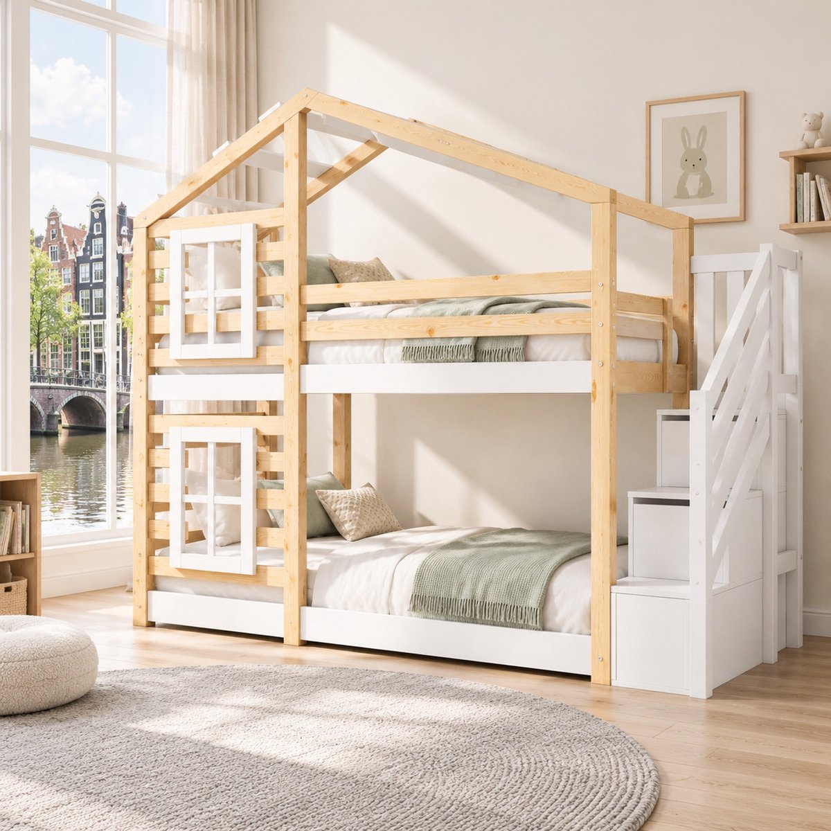 WUVRIE Kinderstapelbed boomhut 90x200 cm met opbergtrap, uitvalbeveiliging en lattenbodems, naturel/wit