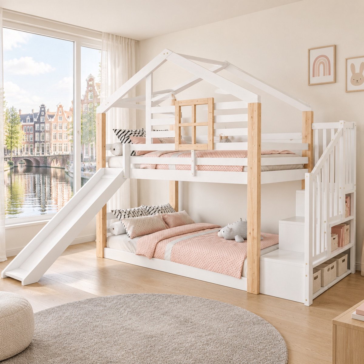 WUVRIE Kinderstapelbed 90x200 cm met glijbaan, trap met opbergruimte en veiligheidshekken, wit