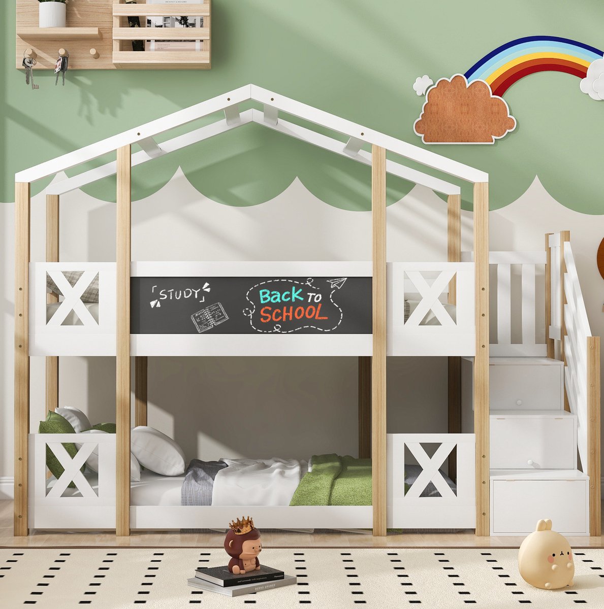 WUVRIE Boomhut-stapelbed 90x200 cm met opbergtrap en uitvalbeveiliging, wit/naturel Wit en naturel