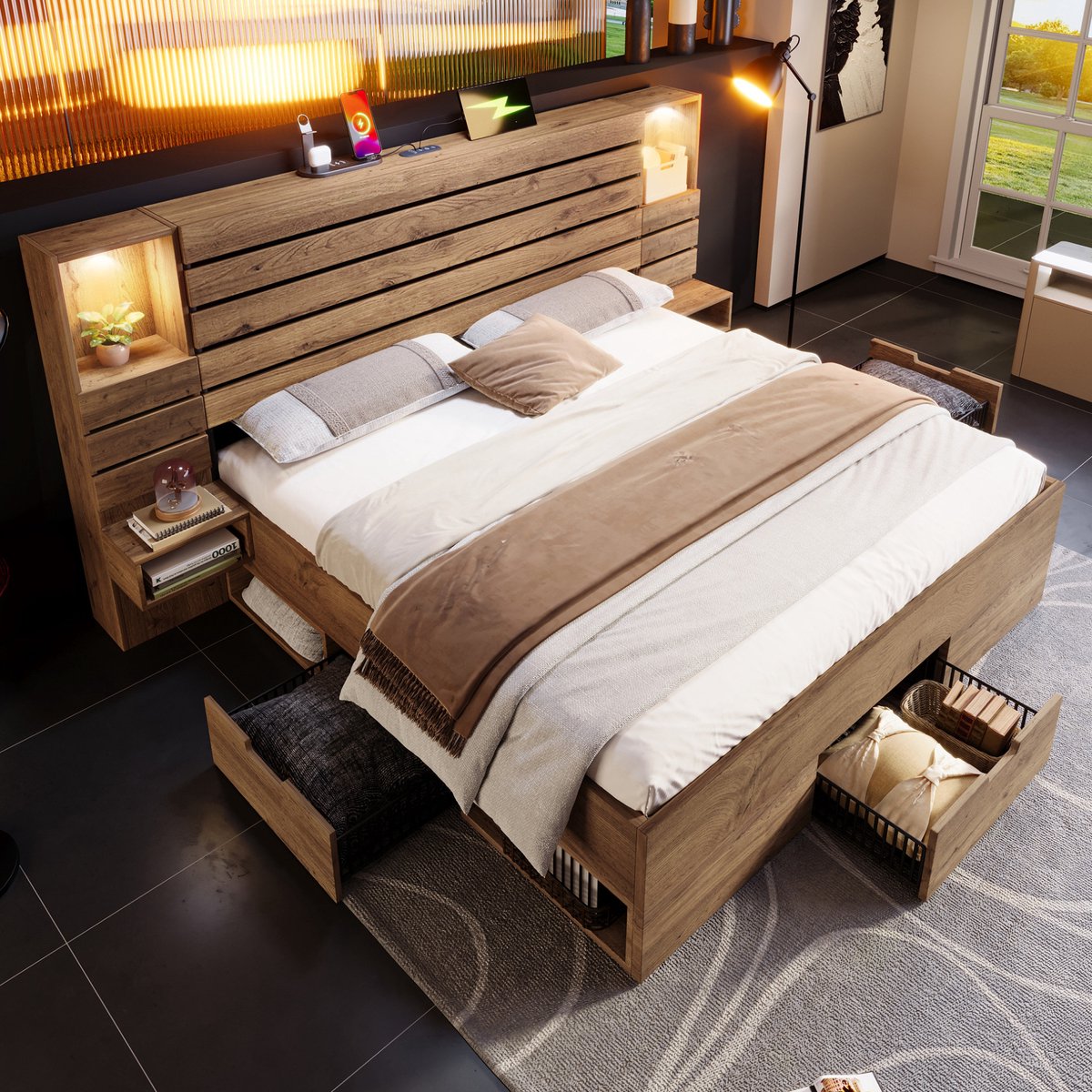 WUVRIE Tweepersoonsbed 180x200 cm met LED-verlichting, USB-C, zwevende nachtkastjes en lades, eiken