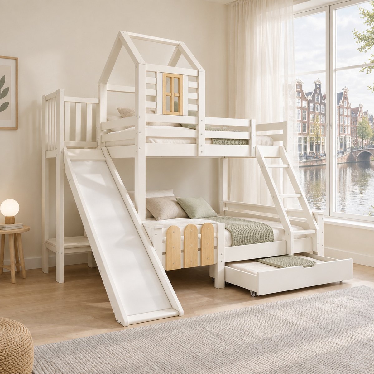 WUVRIE Stapelbed 90x200 en 140x200 cm met glijbaan, ladder en bedlade, huisbed voor kinderkamer, wit/naturel