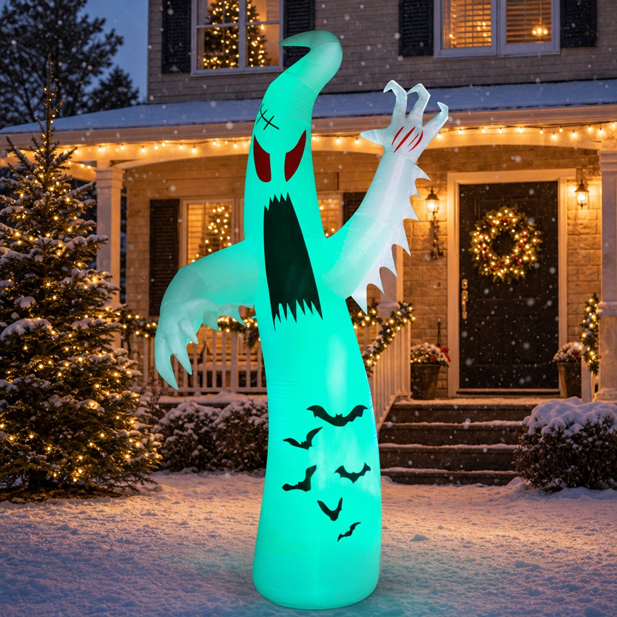Opblaasbare Halloween-geest met vleermuizen - 360 cm hoog - met gekleurde LED-verlichting - Halloween-decoratie voor tuin & buiten - incl. grondpennen