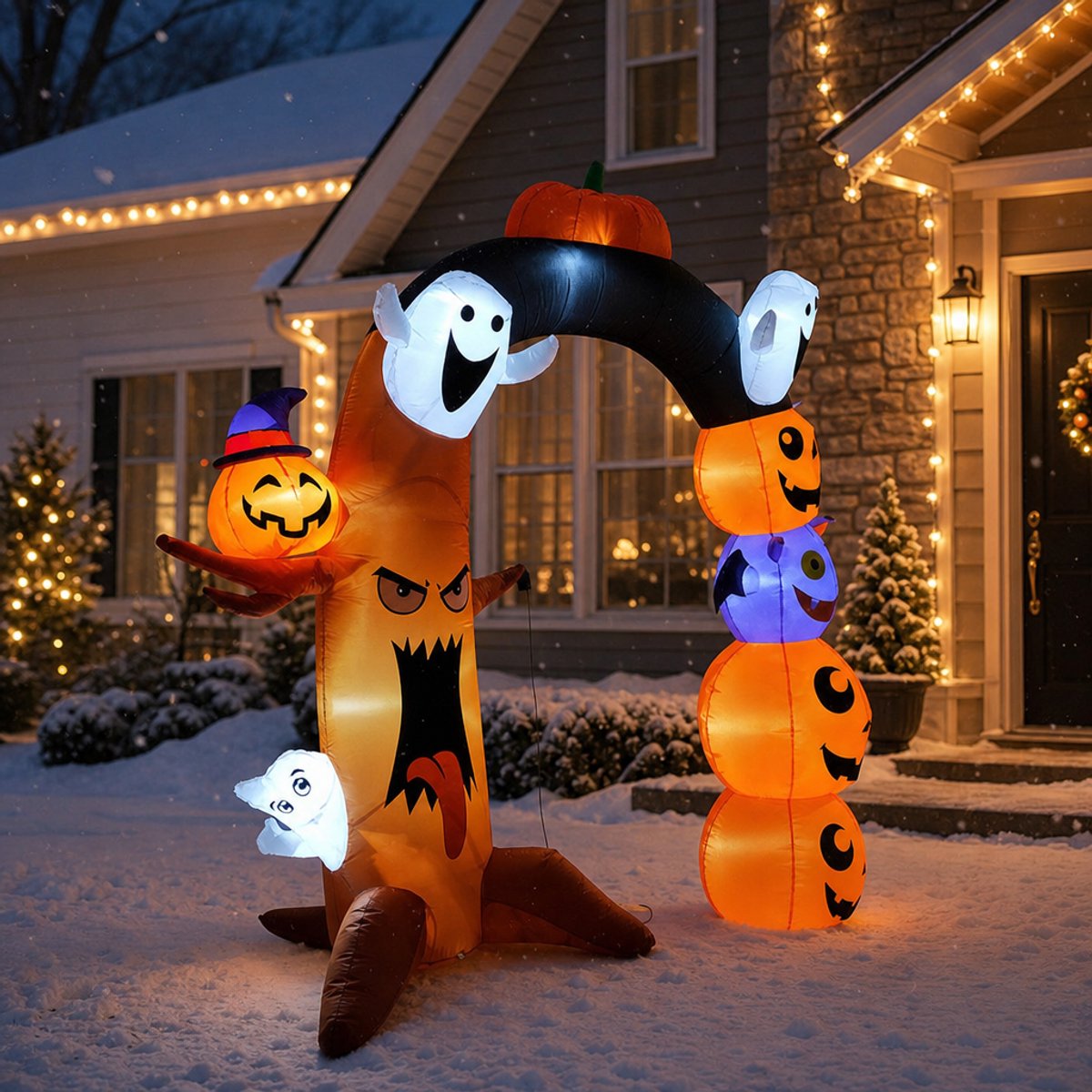 Opblaasbare Halloweenboog met spoken en pompoenen - 280 cm breed - met witte LED-verlichting - Halloween-decoratie voor buiten - incl. bevestigingsset