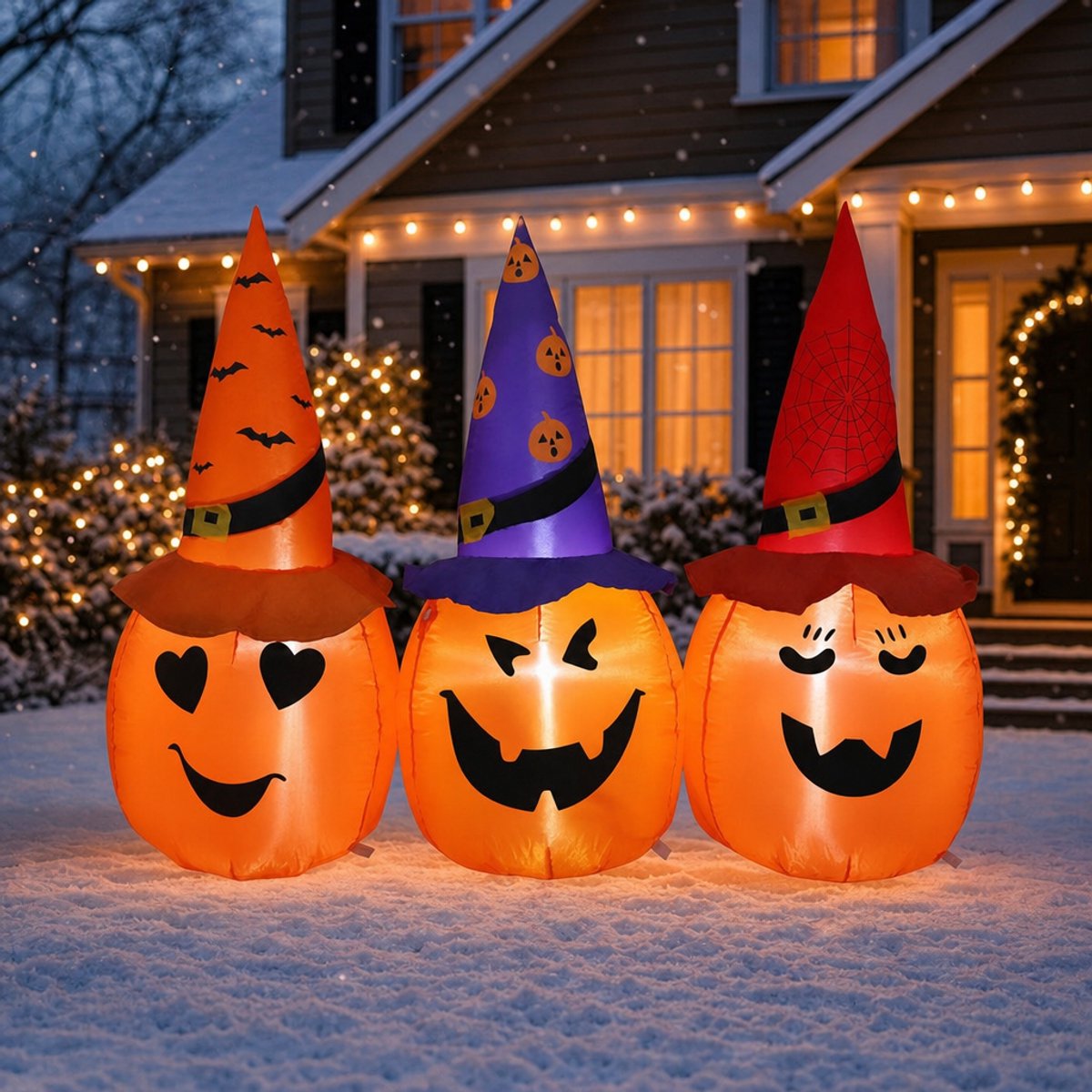 Opblaasbare Halloween-pompoenen met heksenhoeden - 150 cm breed - met witte LED-verlichting - Halloween-decoratie voor buiten - incl. bevestigingsset