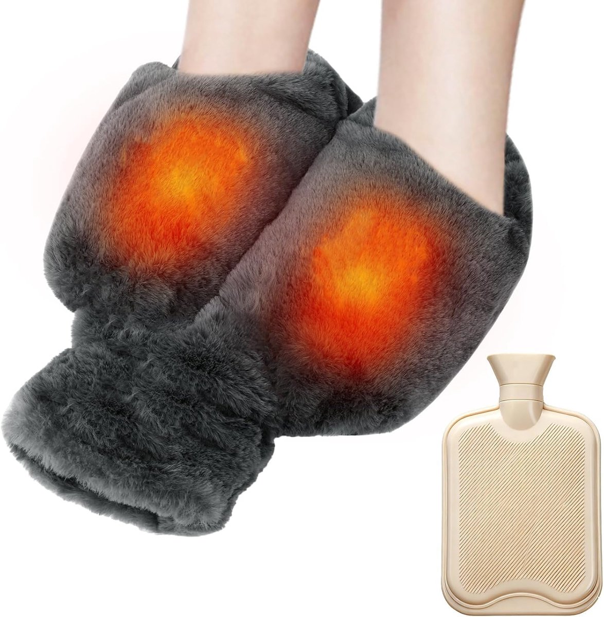 Voetwarmer zonder stroom, 2 liter, warmwaterkruik voeten, superzacht en warm, 2-in-1 voetverwarmingspads voor dames en heren, voetwarmers voor koude voeten in de winter, afneembare pluche hoes, ideaal